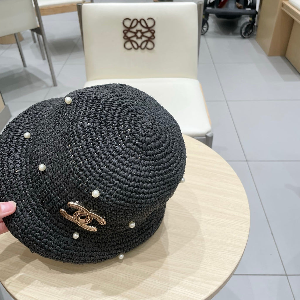 Chanel vintage Hat Pearl embellishments Black in Straw 201641