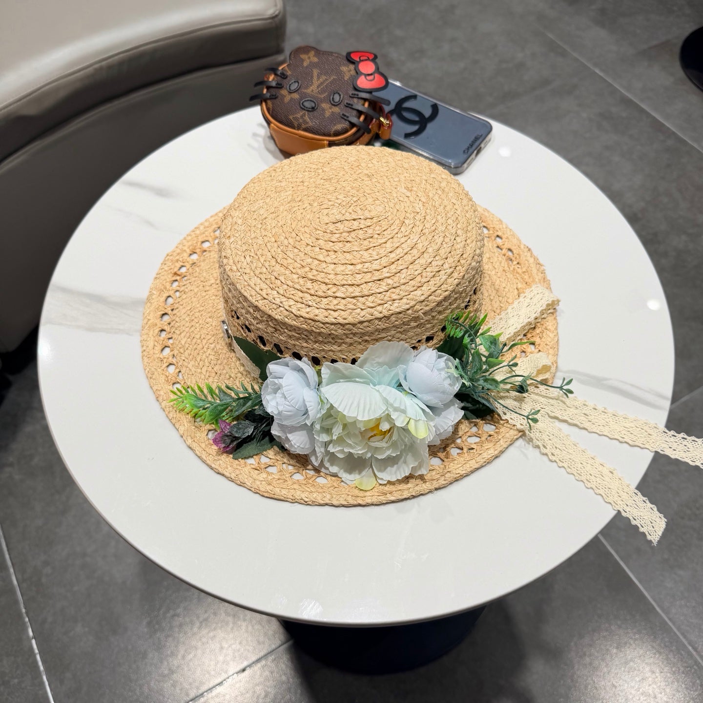 Chanel French-style 3D Floral Openwork Woven Beige Blue Straw Hat 201519