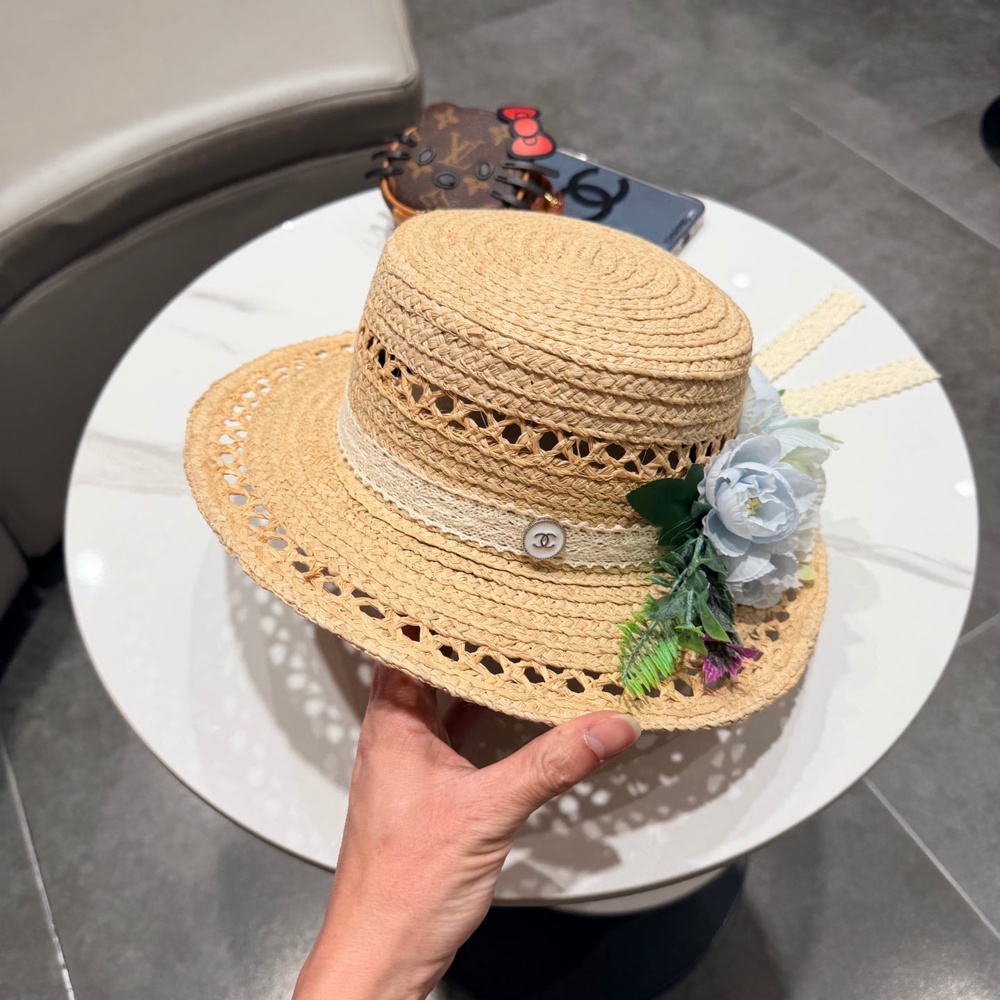 Chanel French-style 3D Floral Openwork Woven Beige Blue Straw Hat 201519