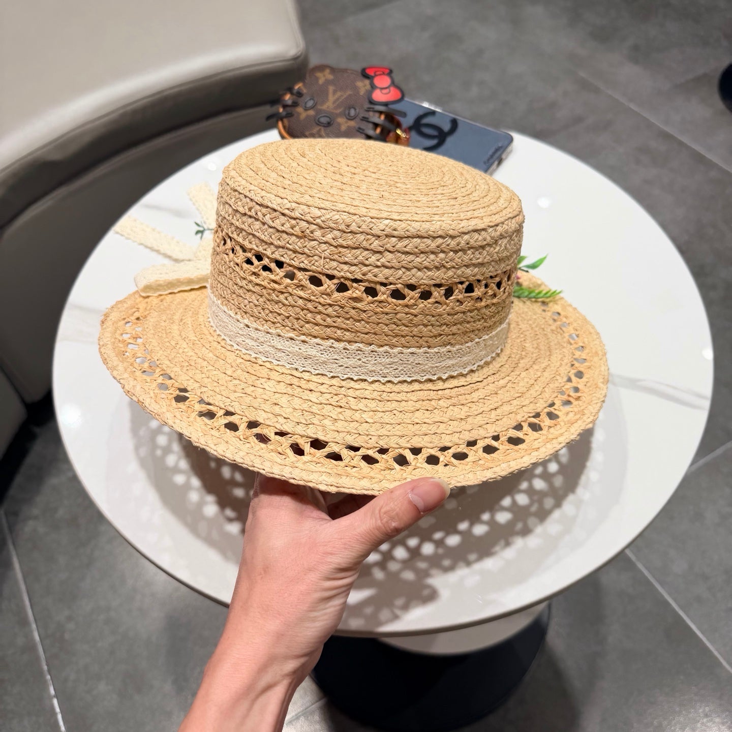 Chanel French-style 3D Floral Openwork Woven Beige Blue Straw Hat 201519