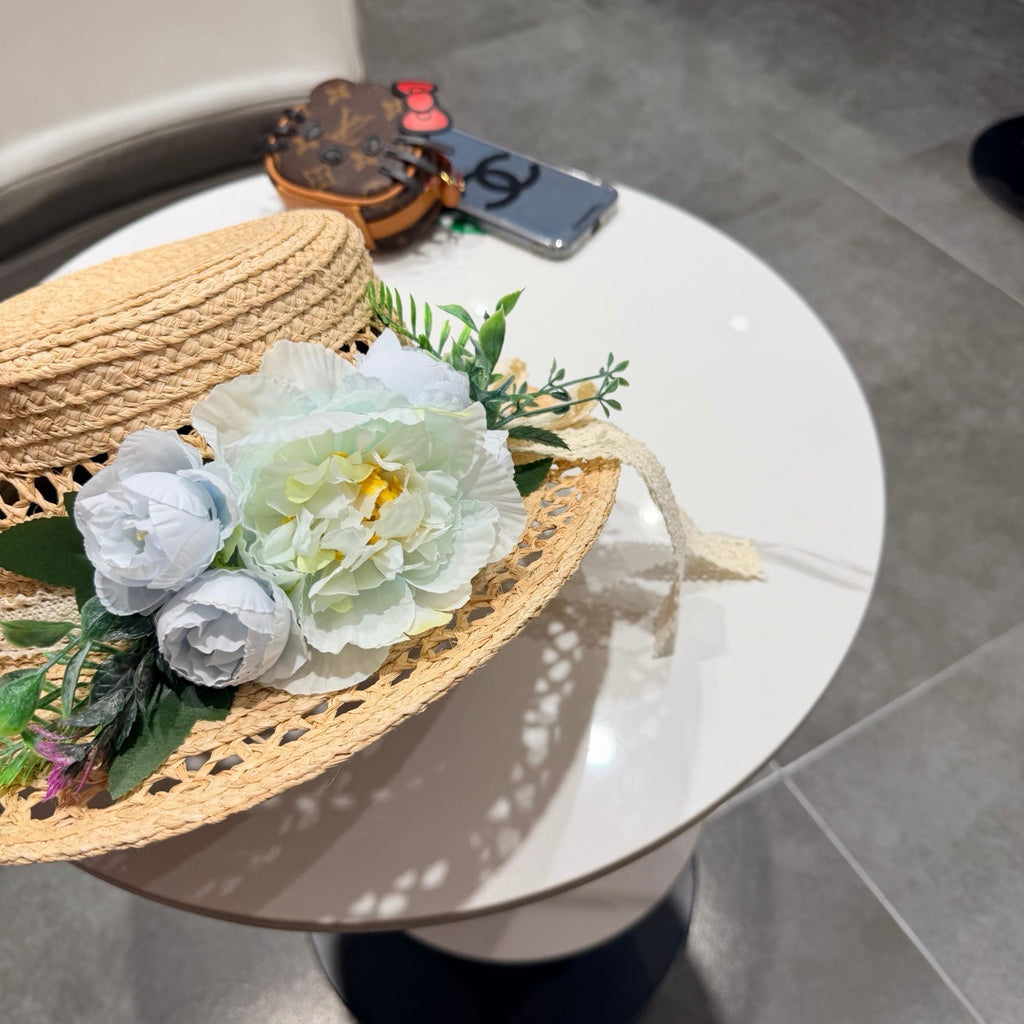 Chanel French-style 3D Floral Openwork Woven Beige Blue Straw Hat 201519