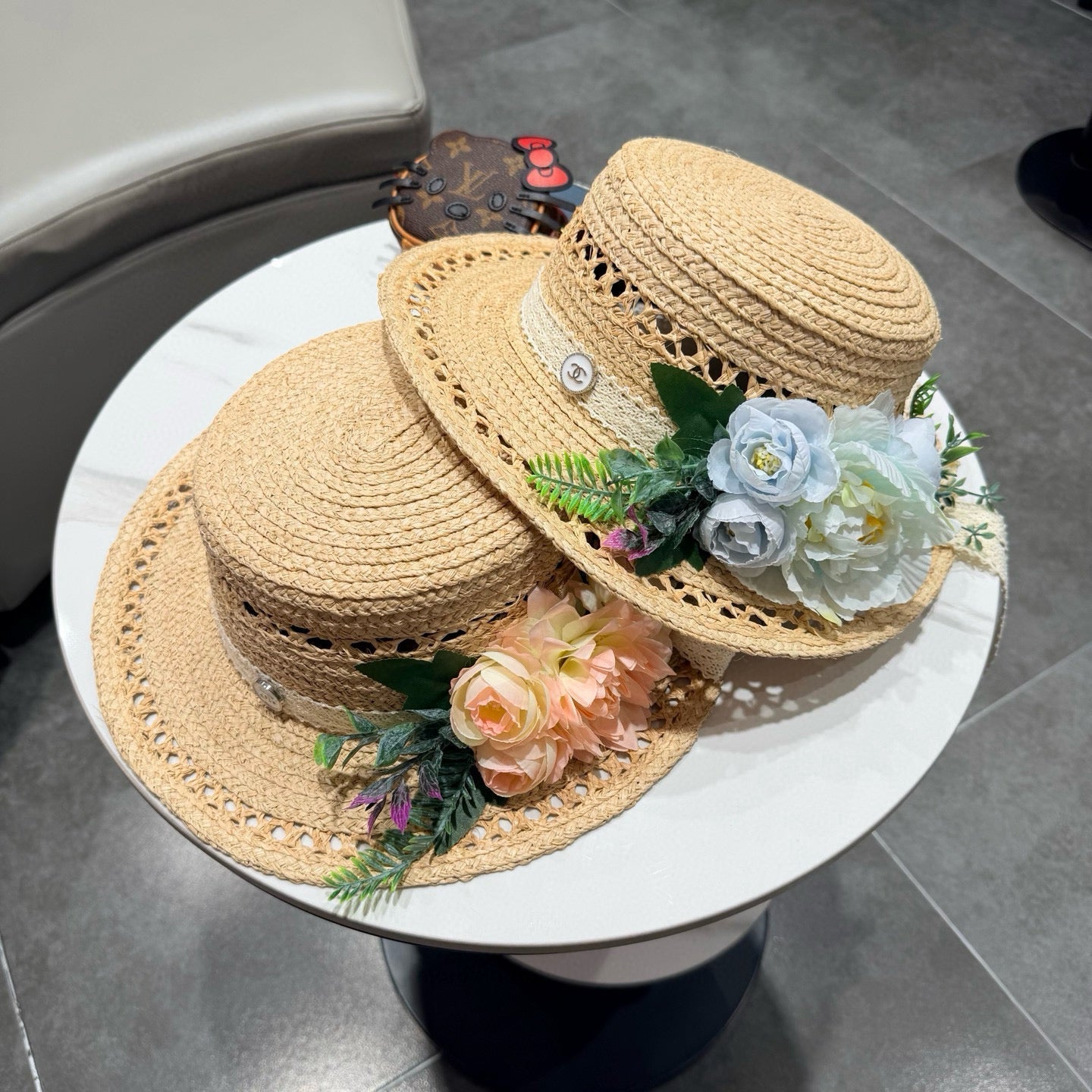 Chanel French-style 3D Floral Openwork Woven Beige Blue Straw Hat 201519