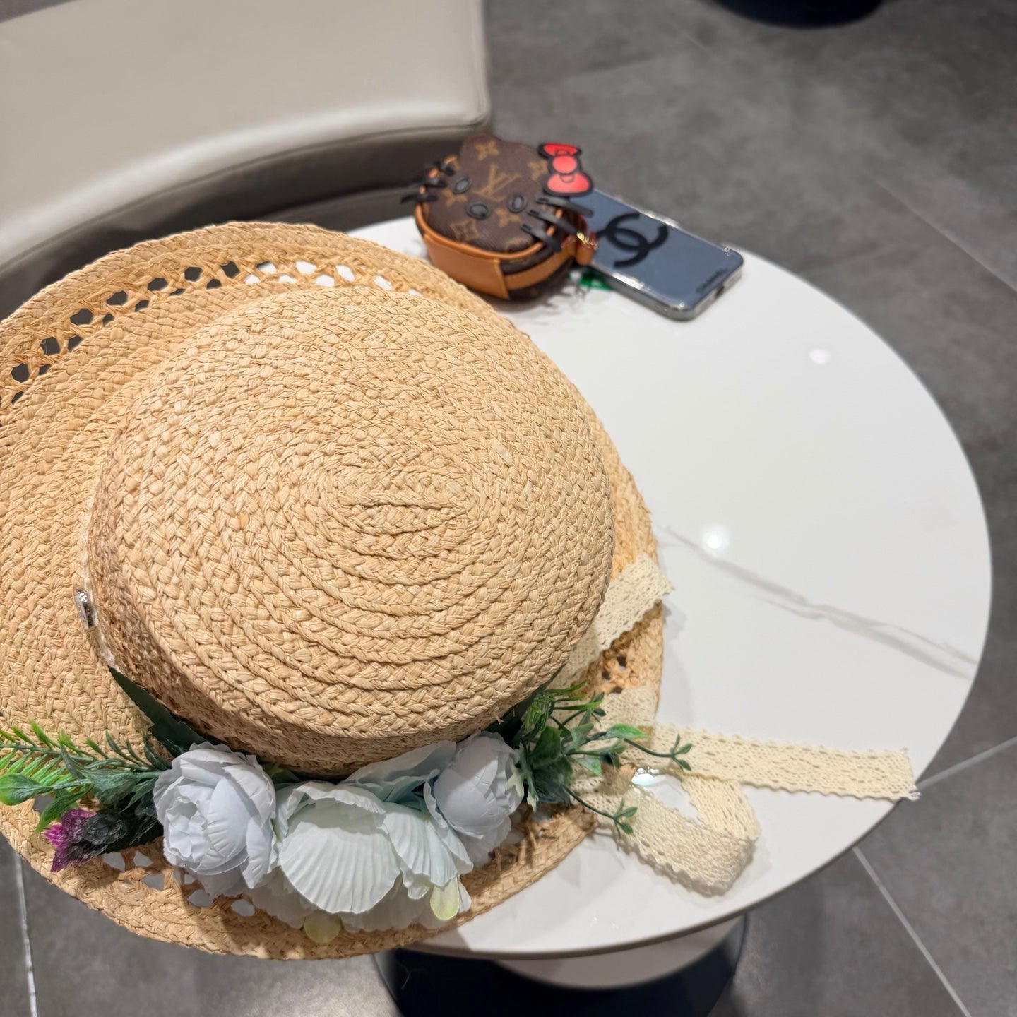 Chanel French-style 3D Floral Openwork Woven Beige Blue Straw Hat 201519