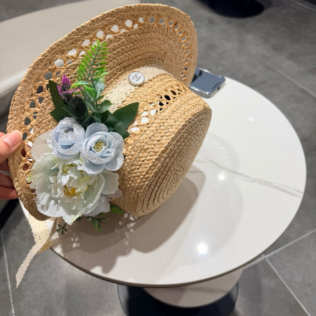 Chanel French-style 3D Floral Openwork Woven Beige Blue Straw Hat 201519