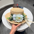Chanel French-style 3D Floral Openwork Woven Beige Blue Straw Hat 201519