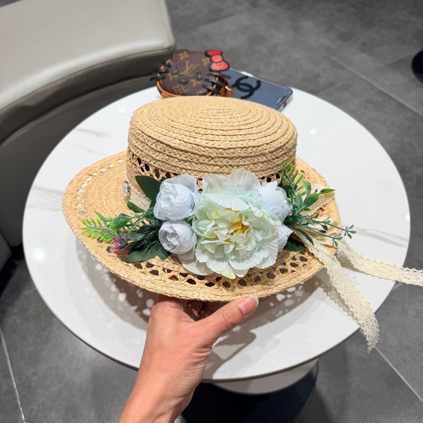 Chanel French-style 3D Floral Openwork Woven Beige Blue Straw Hat 201519