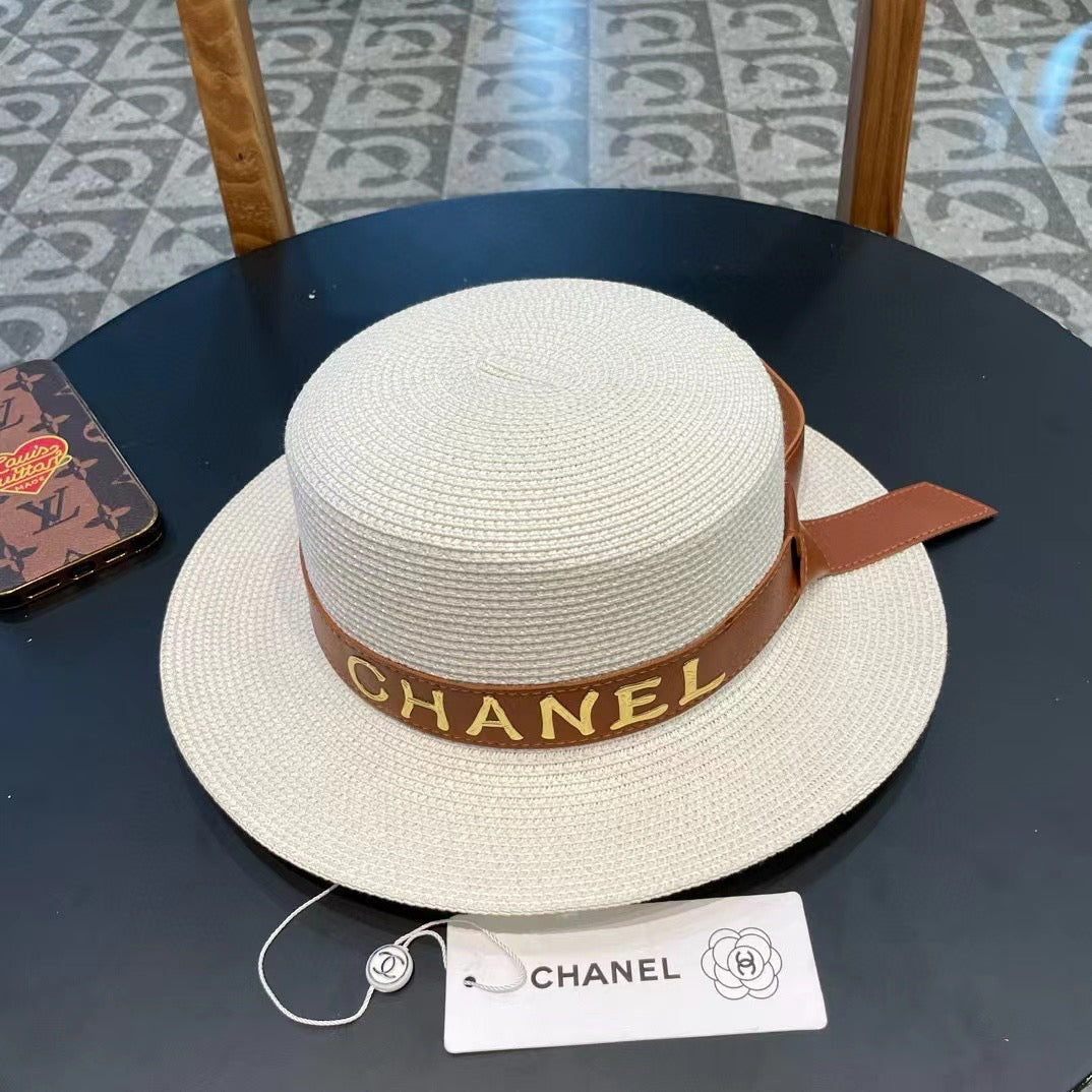 Chanel Woven Hat with Leather Strap White in Cotton 205615