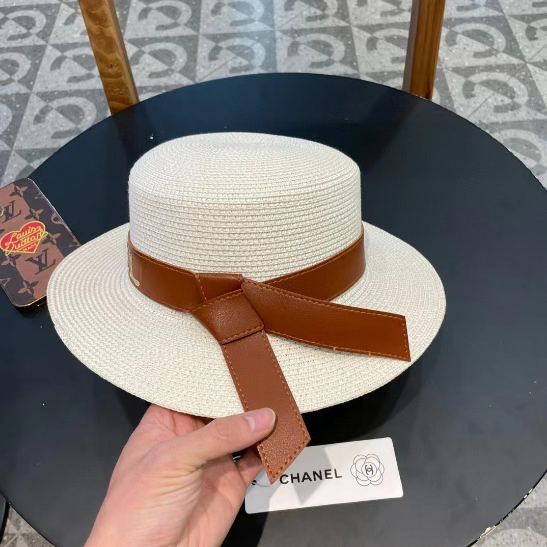 Chanel Woven Hat with Leather Strap White in Cotton 205615