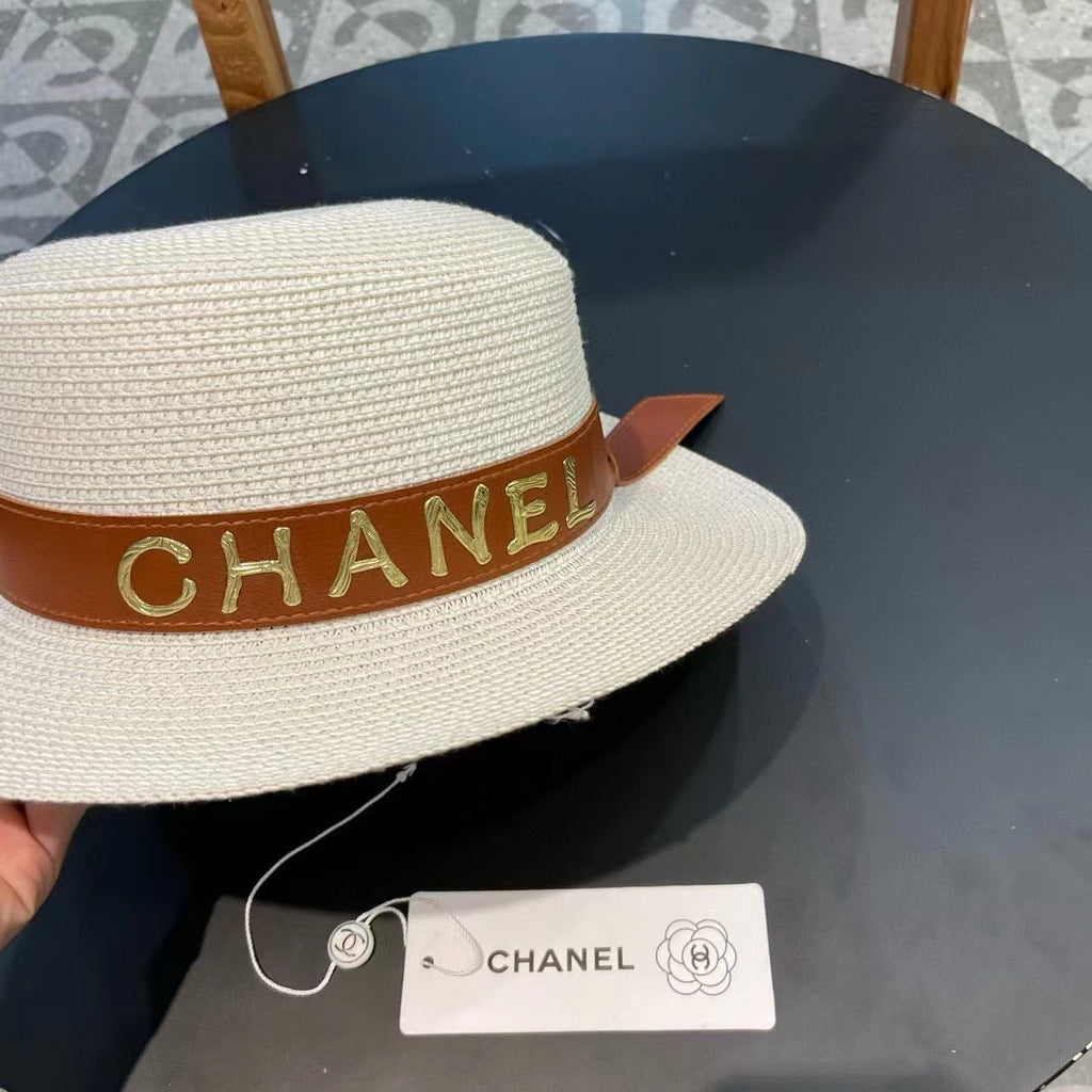 Chanel Woven Hat with Leather Strap White in Cotton 205615
