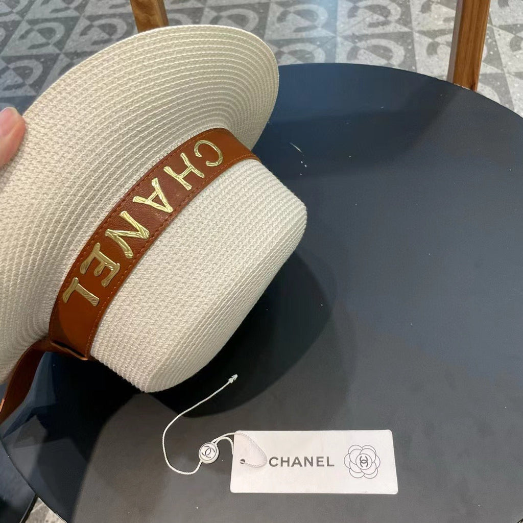 Chanel Woven Hat with Leather Strap White in Cotton 205615