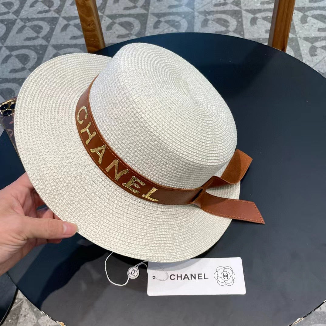 Chanel Woven Hat with Leather Strap White in Cotton 205615