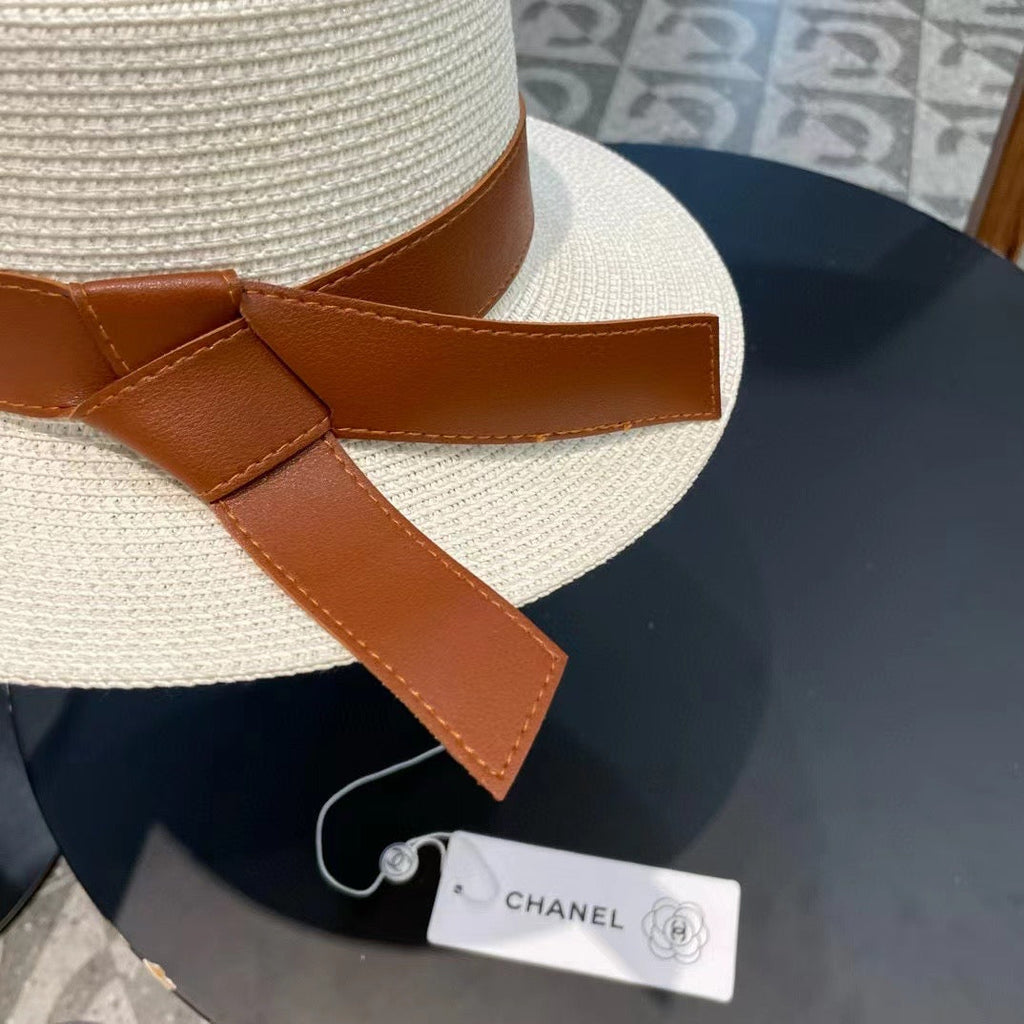 Chanel Woven Hat with Leather Strap White in Cotton 205615