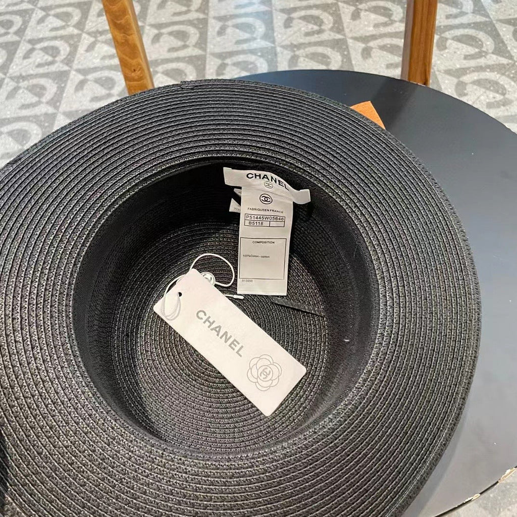 Chanel Woven Hat with Leather Strap Black in Cotton 205614