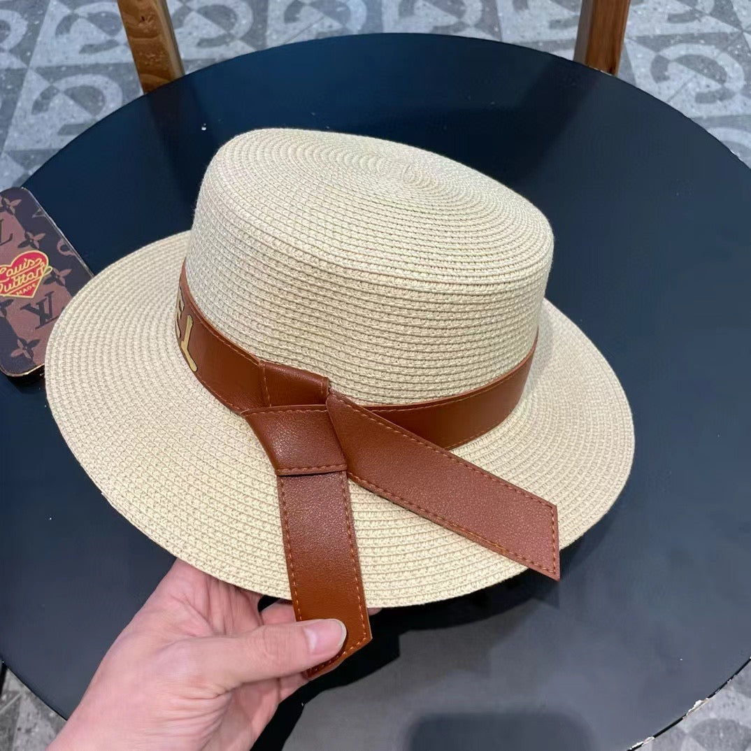 Chanel Woven Hat with Leather Strap Beige in Cotton 205613