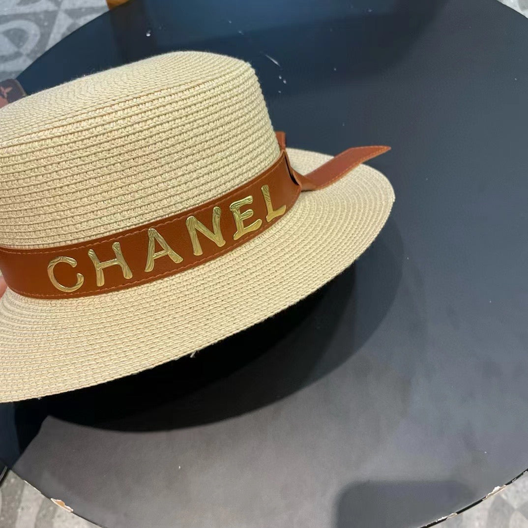 Chanel Woven Hat with Leather Strap Beige in Cotton 205613