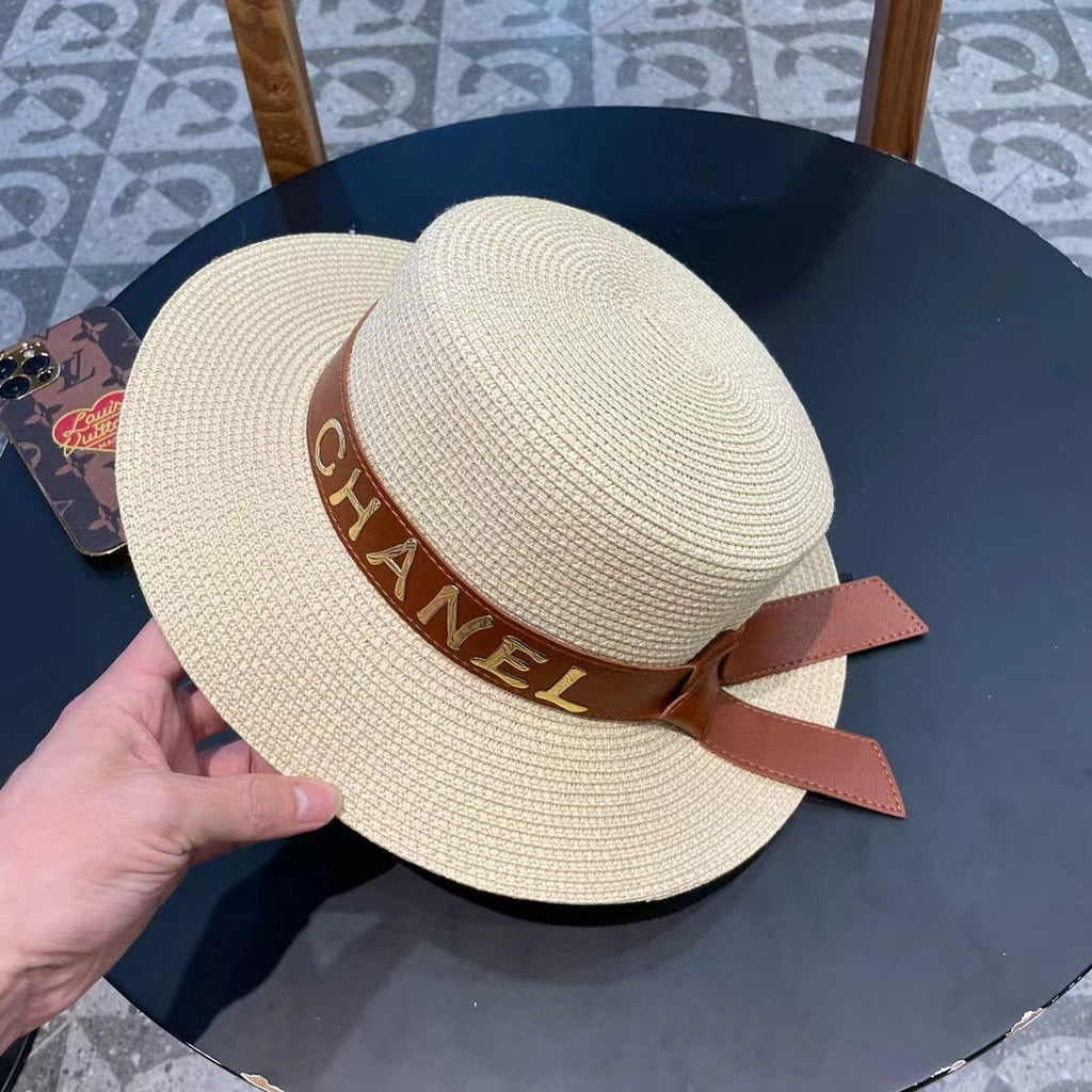 Chanel Woven Hat with Leather Strap Beige in Cotton 205613