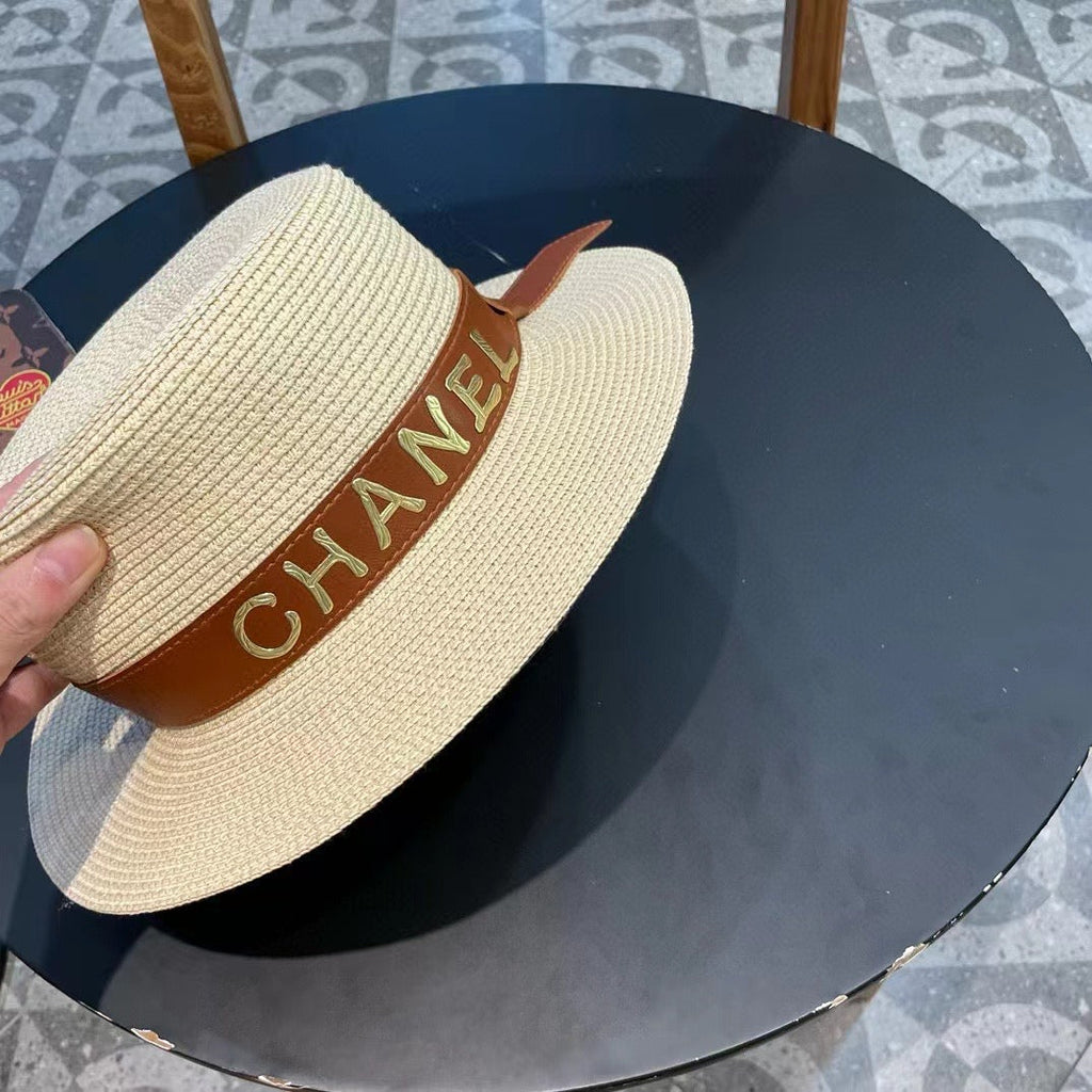 Chanel Woven Hat with Leather Strap Beige in Cotton 205613