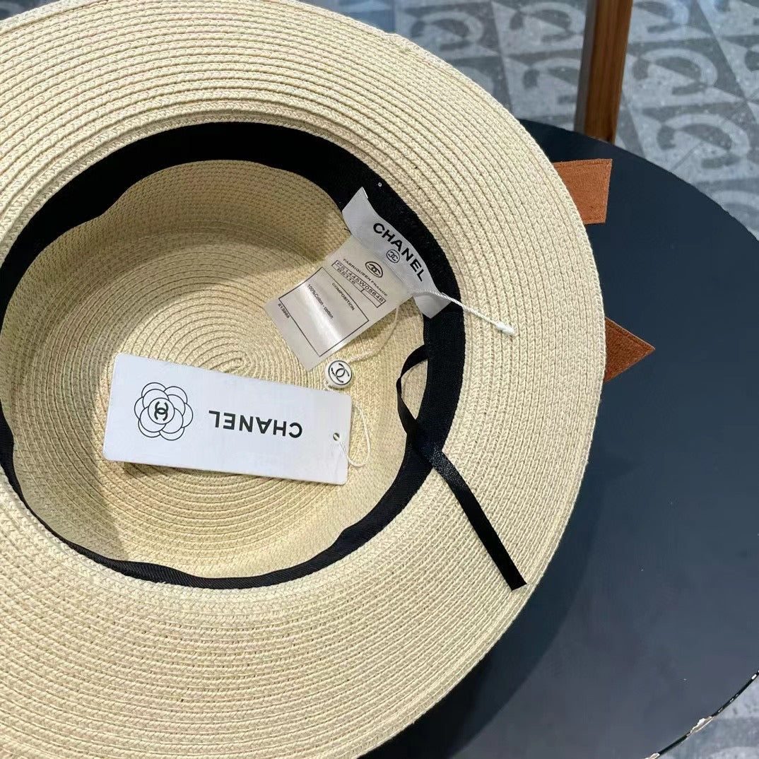 Chanel Woven Hat with Leather Strap Beige in Cotton 205613