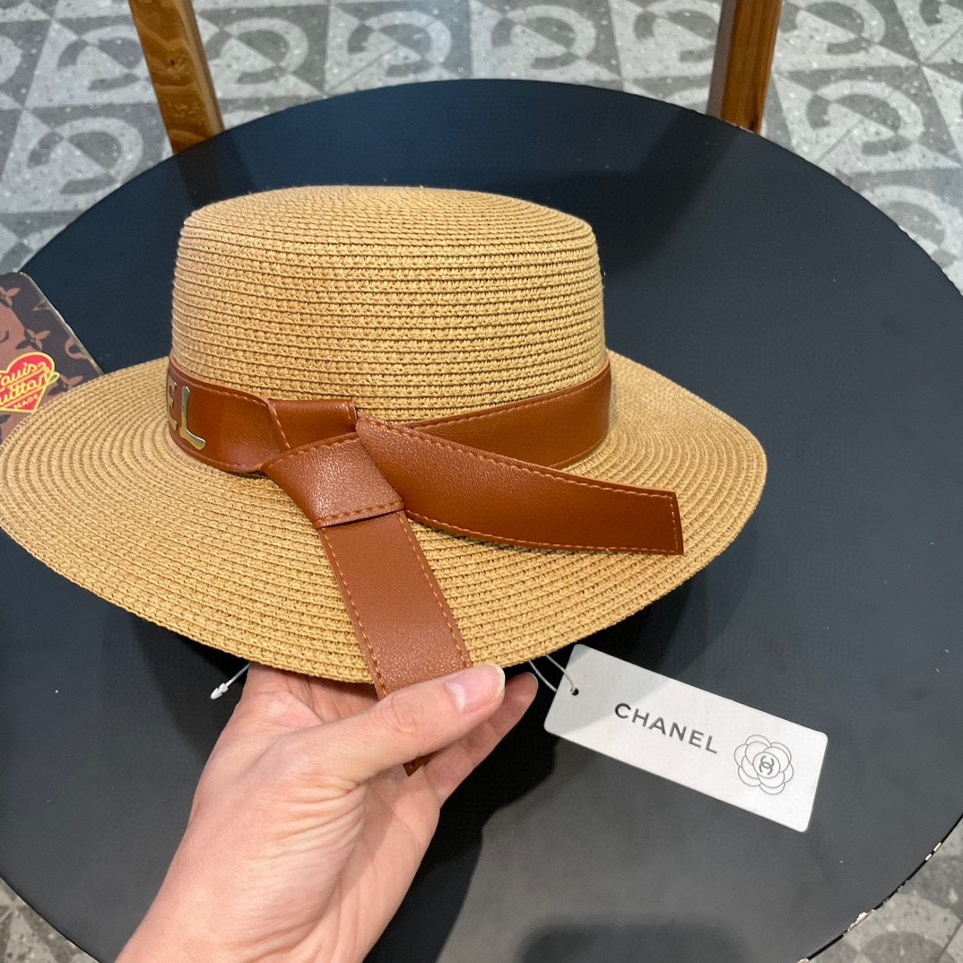 Chanel Woven Hat with Leather Strap Camel in Cotton 205612