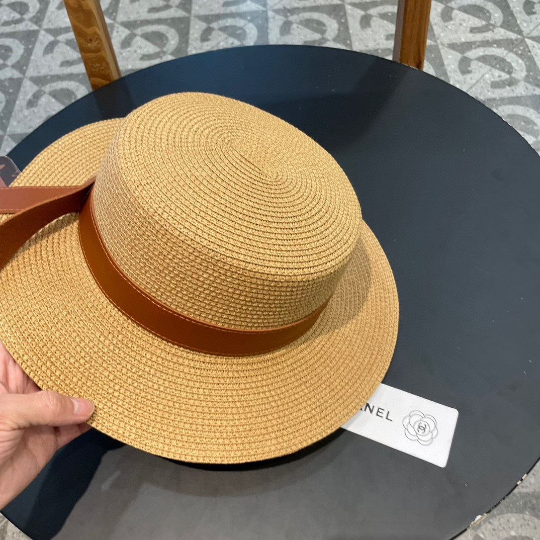 Chanel Woven Hat with Leather Strap Camel in Cotton 205612