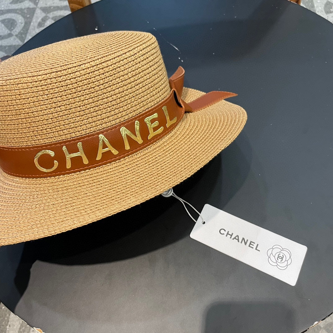 Chanel Woven Hat with Leather Strap Camel in Cotton 205612
