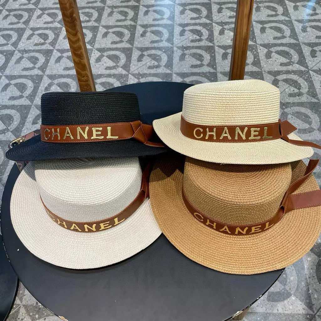 Chanel Woven Hat with Leather Strap Camel in Cotton 205612