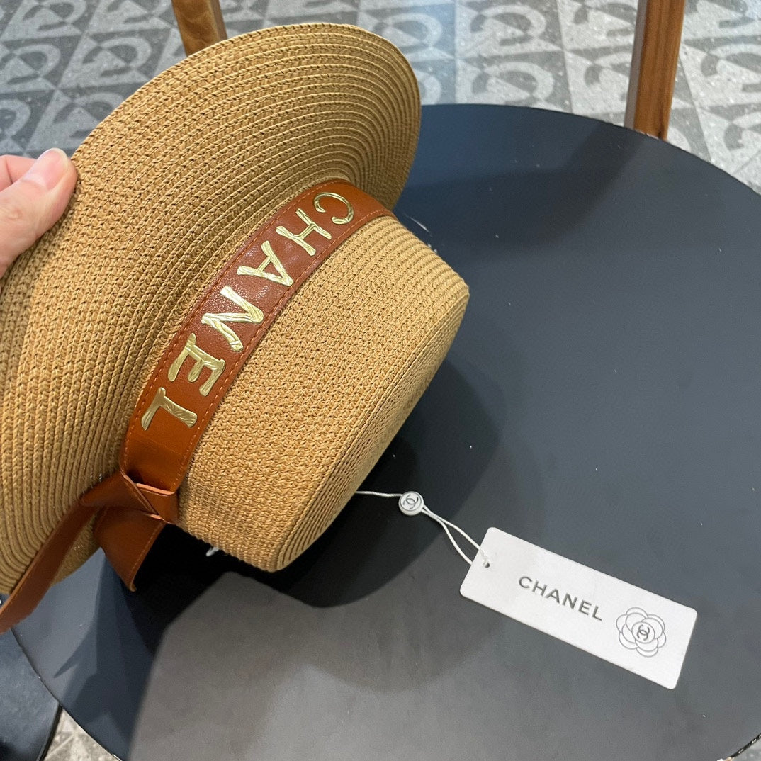 Chanel Woven Hat with Leather Strap Camel in Cotton 205612