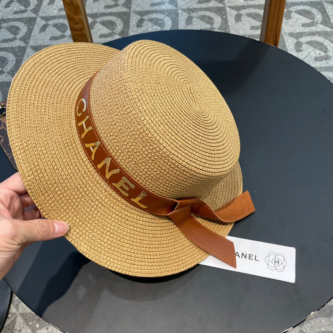 Chanel Woven Hat with Leather Strap Camel in Cotton 205612