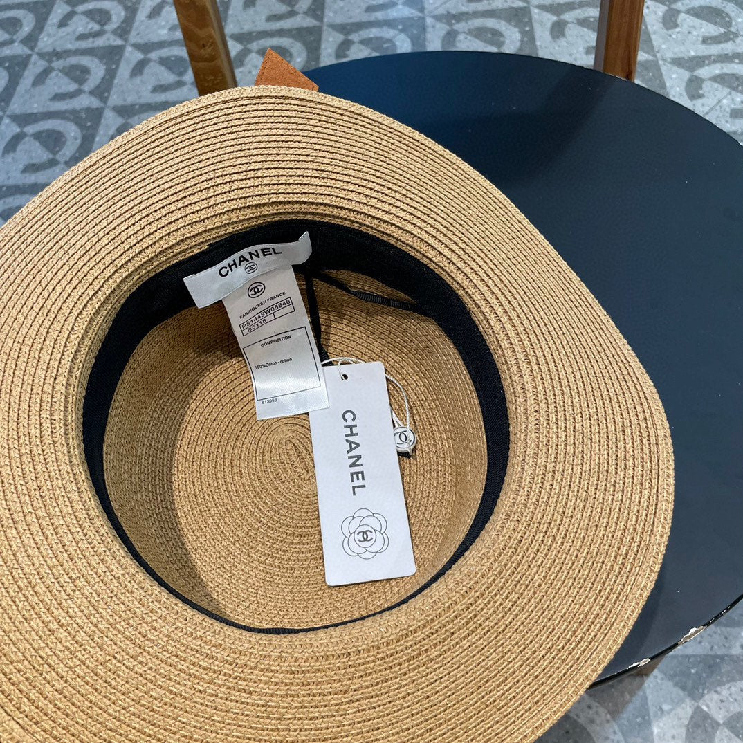 Chanel Woven Hat with Leather Strap Camel in Cotton 205612