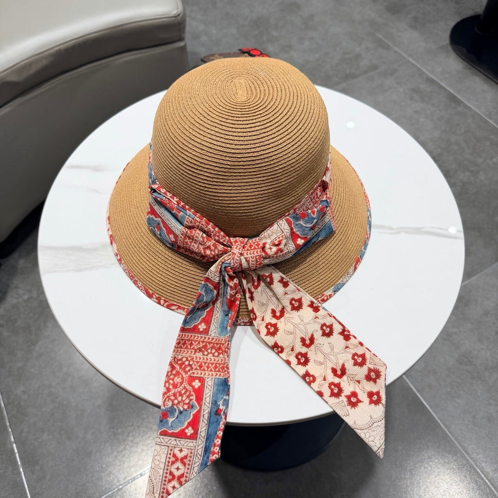 Chanel Hat with Ribbon bow Camel in Straw 205601