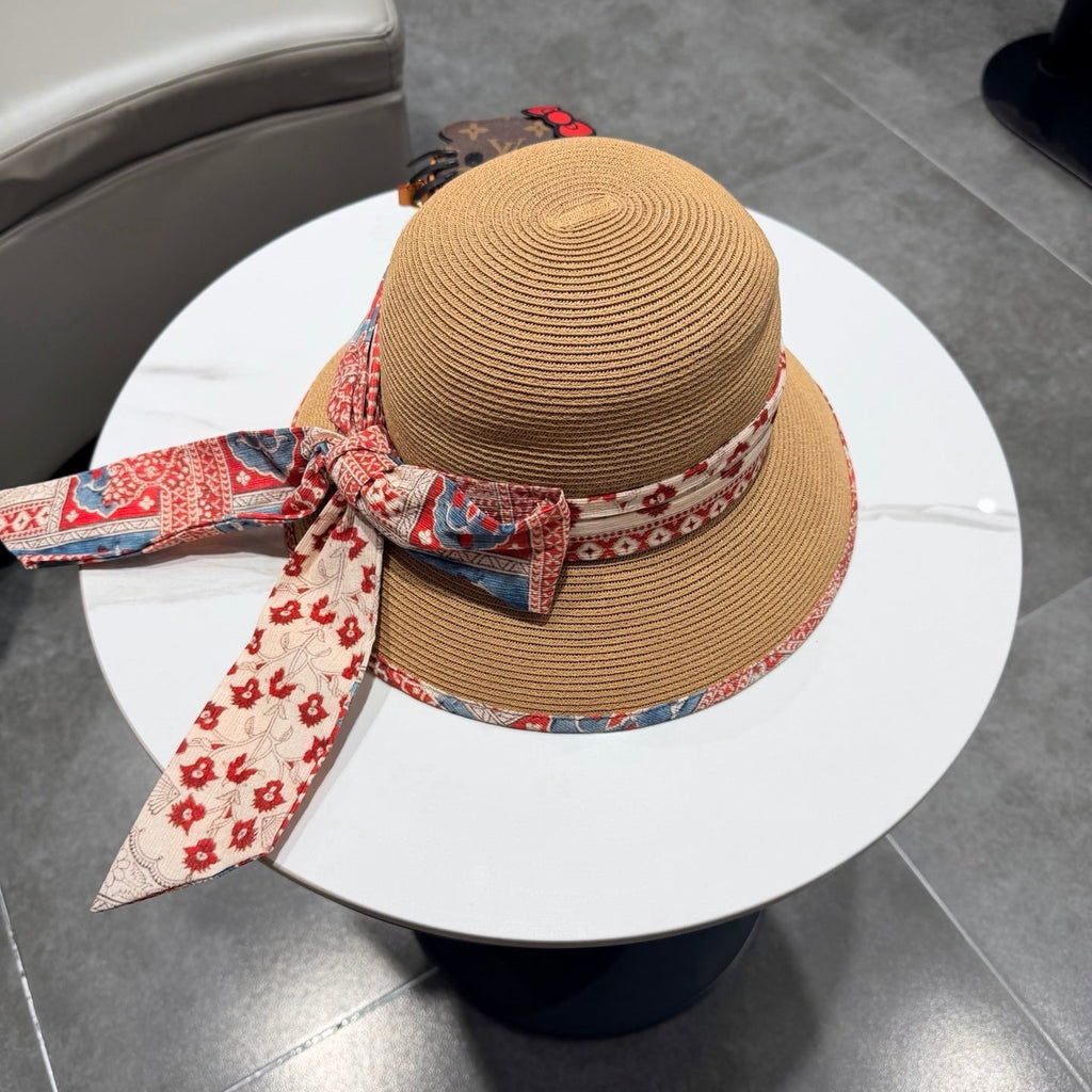 Chanel Hat with Ribbon bow Camel in Straw 205601