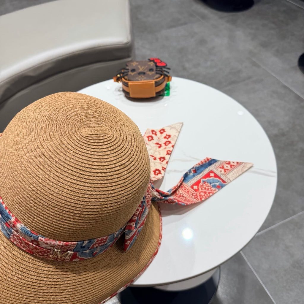Chanel Hat with Ribbon bow Camel in Straw 205601