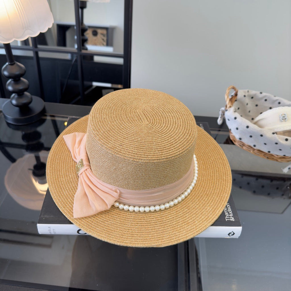 Chanel Elegant flat-top Beige Pink in Straw Hat 205393