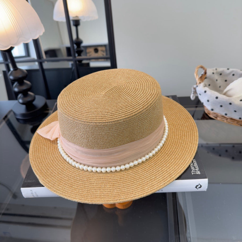 Chanel Elegant flat-top Beige Pink in Straw Hat 205393