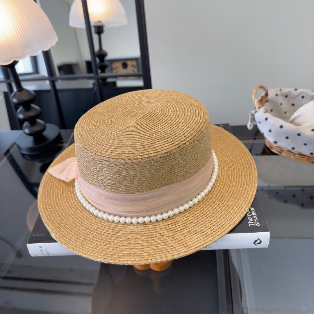Chanel Elegant flat-top Beige Pink in Straw Hat 205393