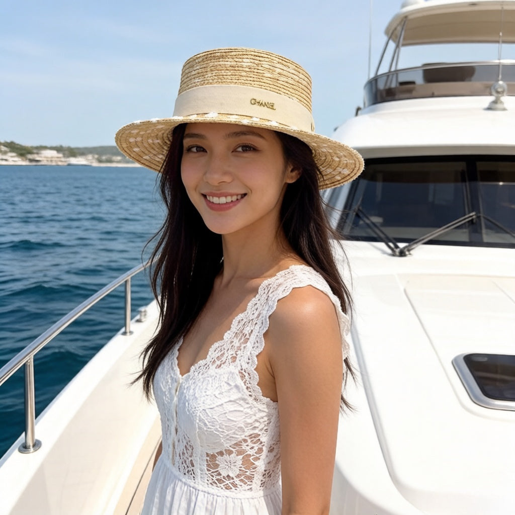 Chanel Beige White Raffia straw hat 205378