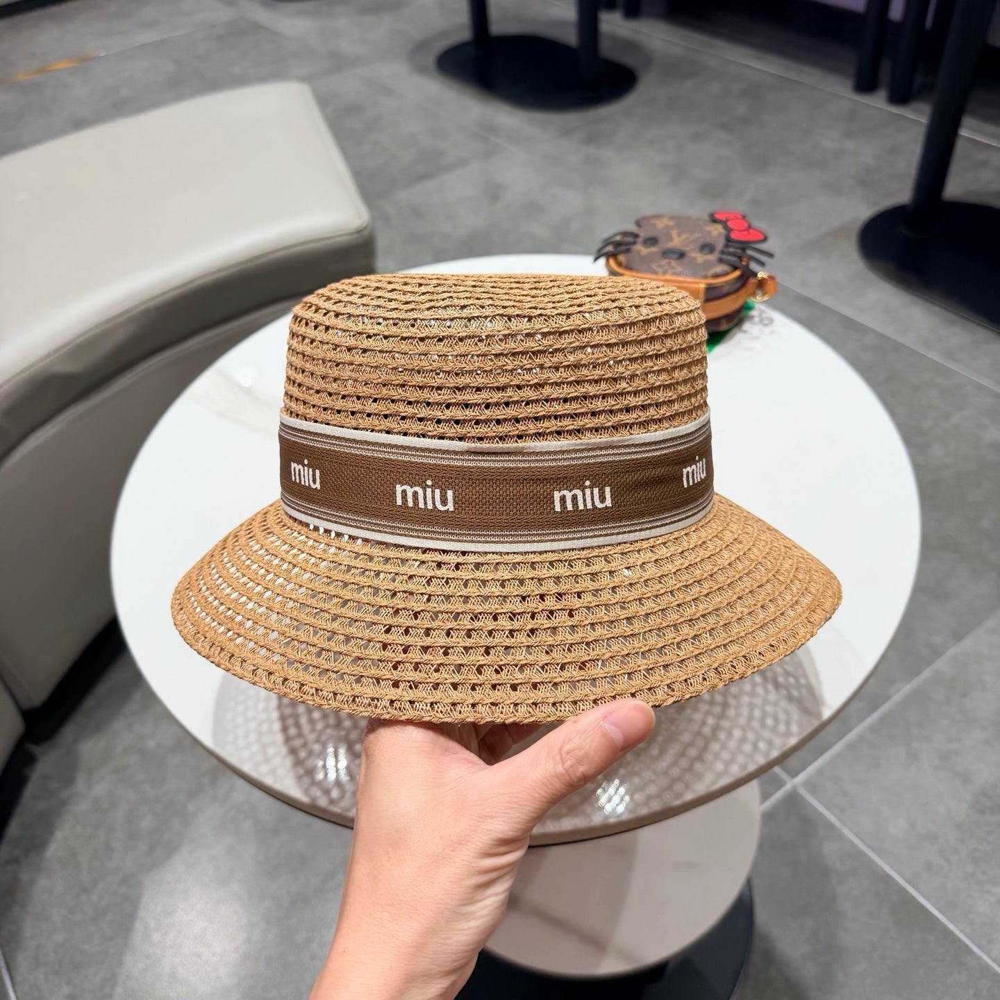 Miumiu Bucket Hat Camel Brown in Straw 205586