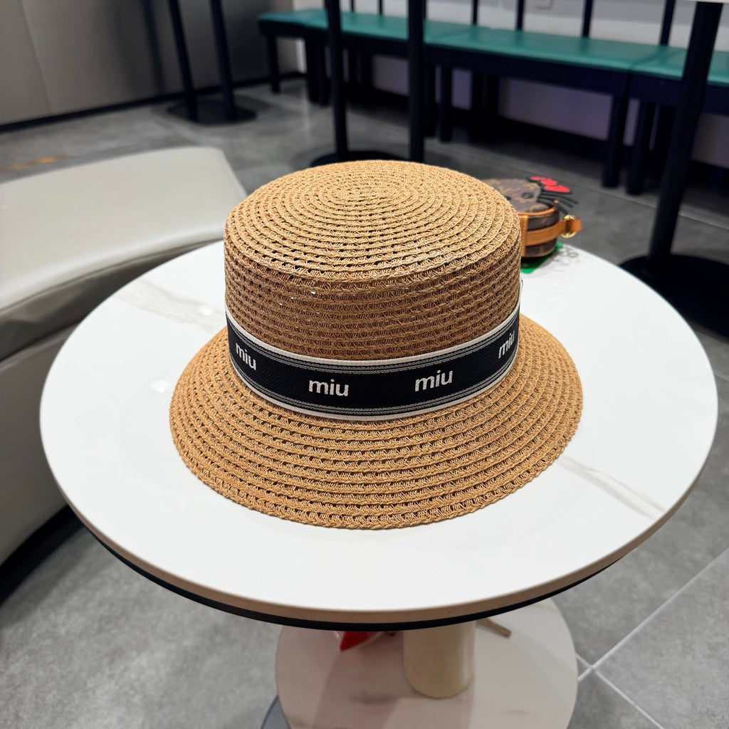 Miumiu Bucket Hat Camel Black in Straw 205583