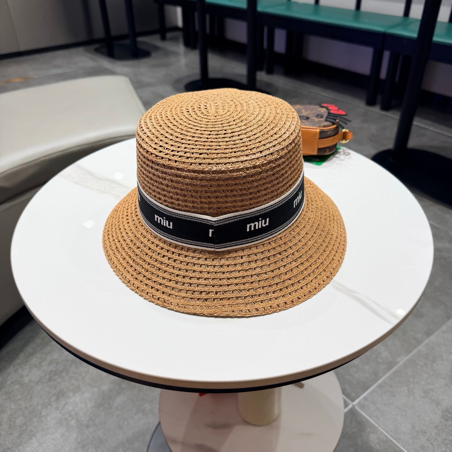 Miumiu Bucket Hat Camel Black in Straw 205583