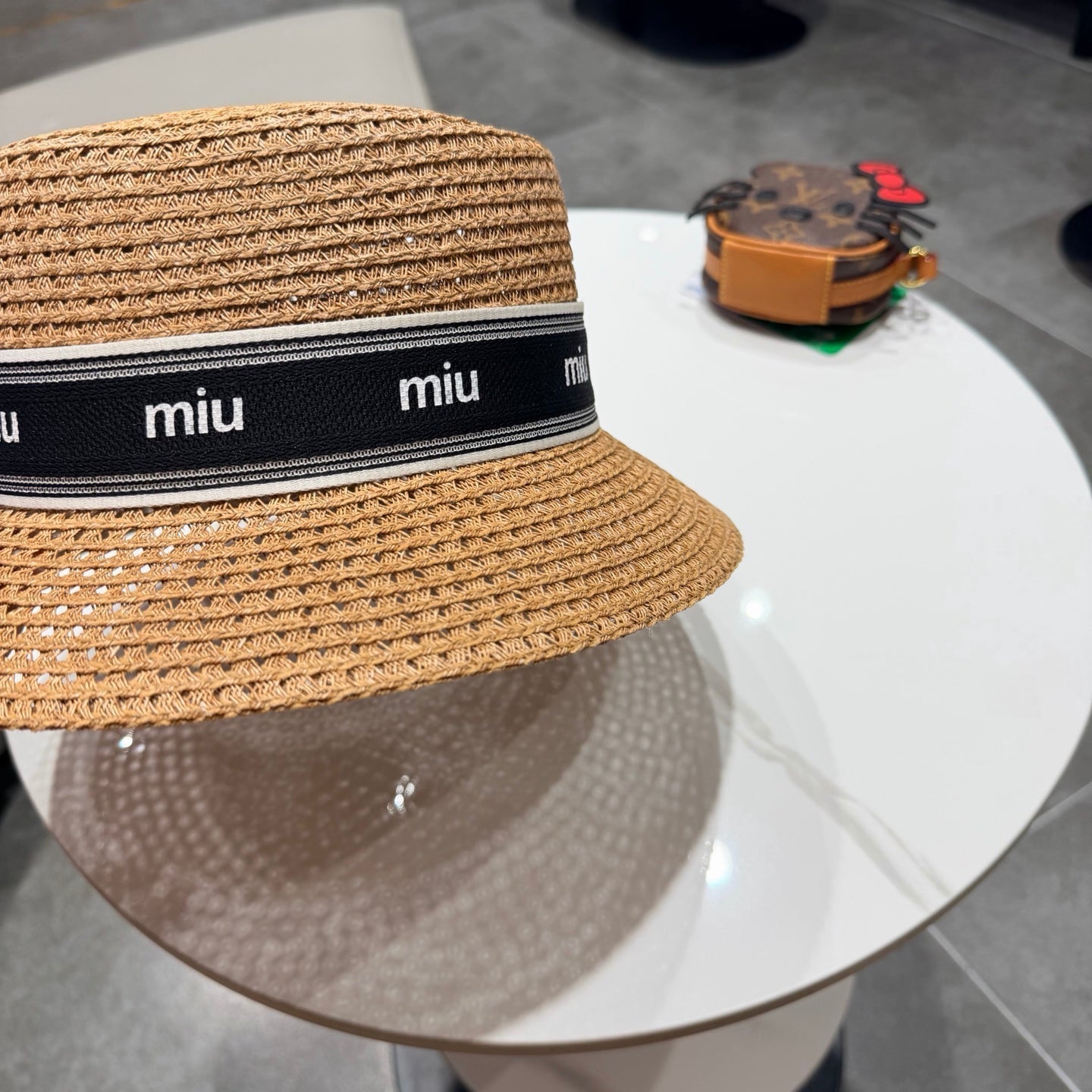Miumiu Bucket Hat Camel Black in Straw 205583