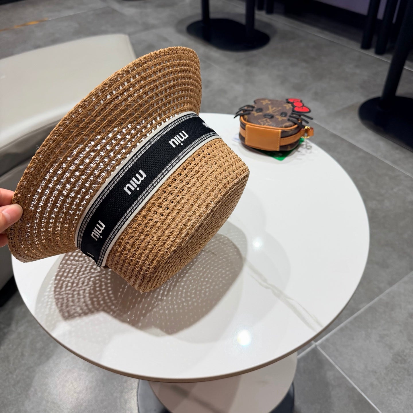 Miumiu Bucket Hat Camel Black in Straw 205583