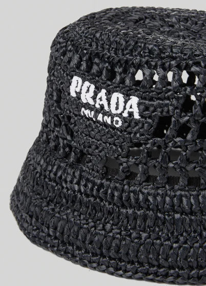 Prada Raffia Woven Black Bucket Hat