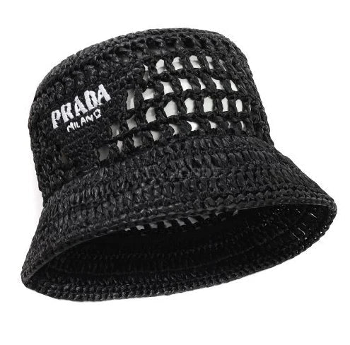 Prada Raffia Woven Black Bucket Hat