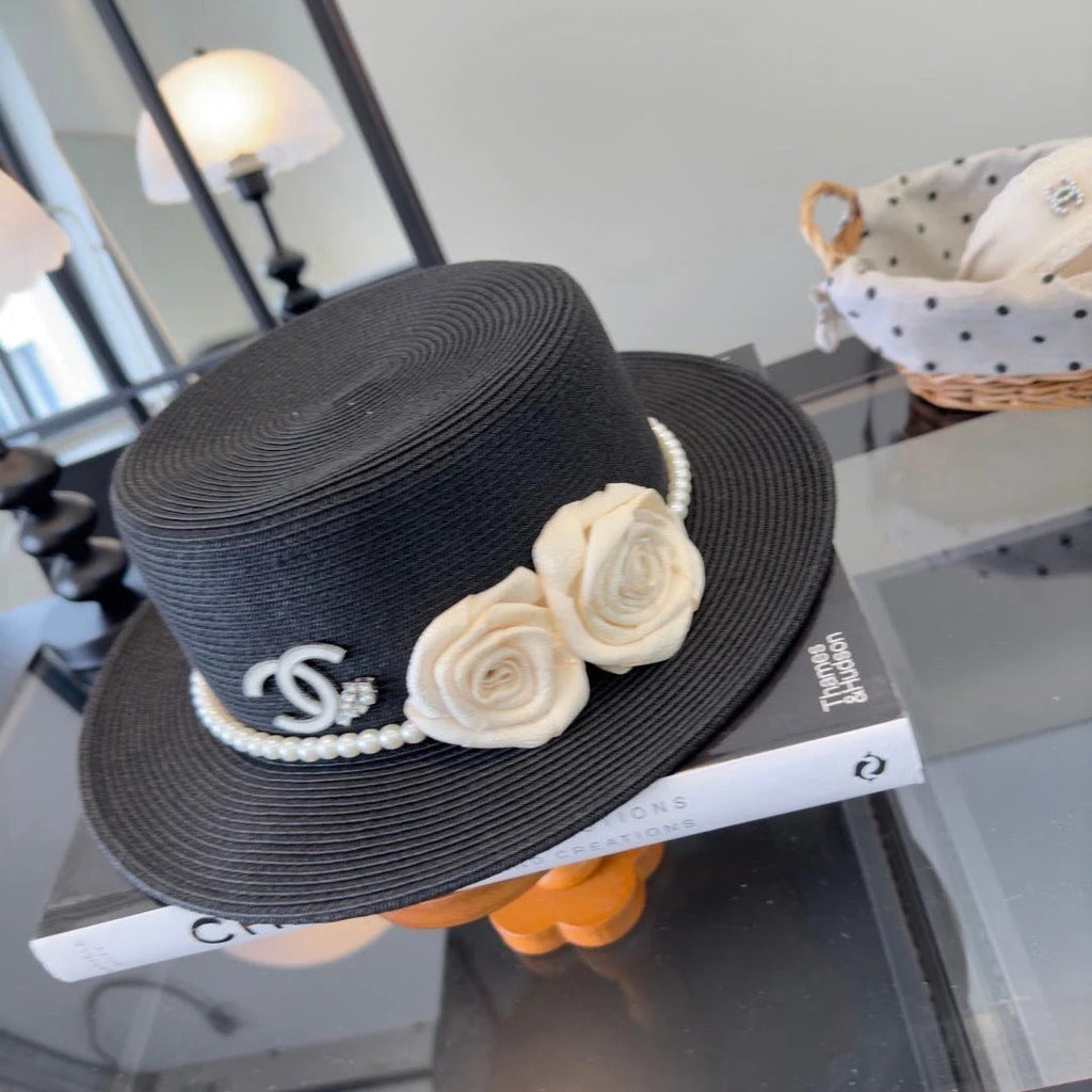 CC Flat-top Straw Hat With Flower Pearl 269016