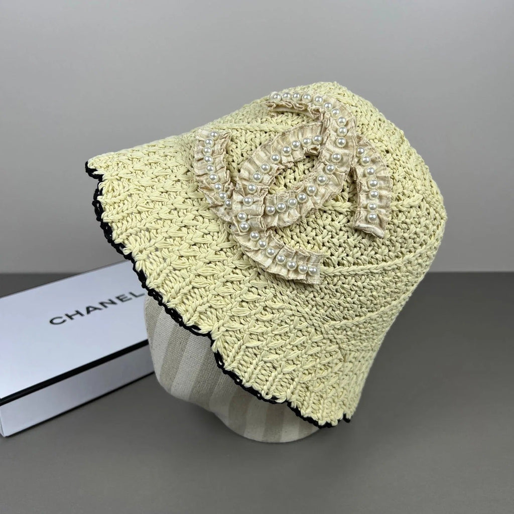 Chanel Knitted Lace Bucket Hat Wool With CC Logo And Pearls 237350