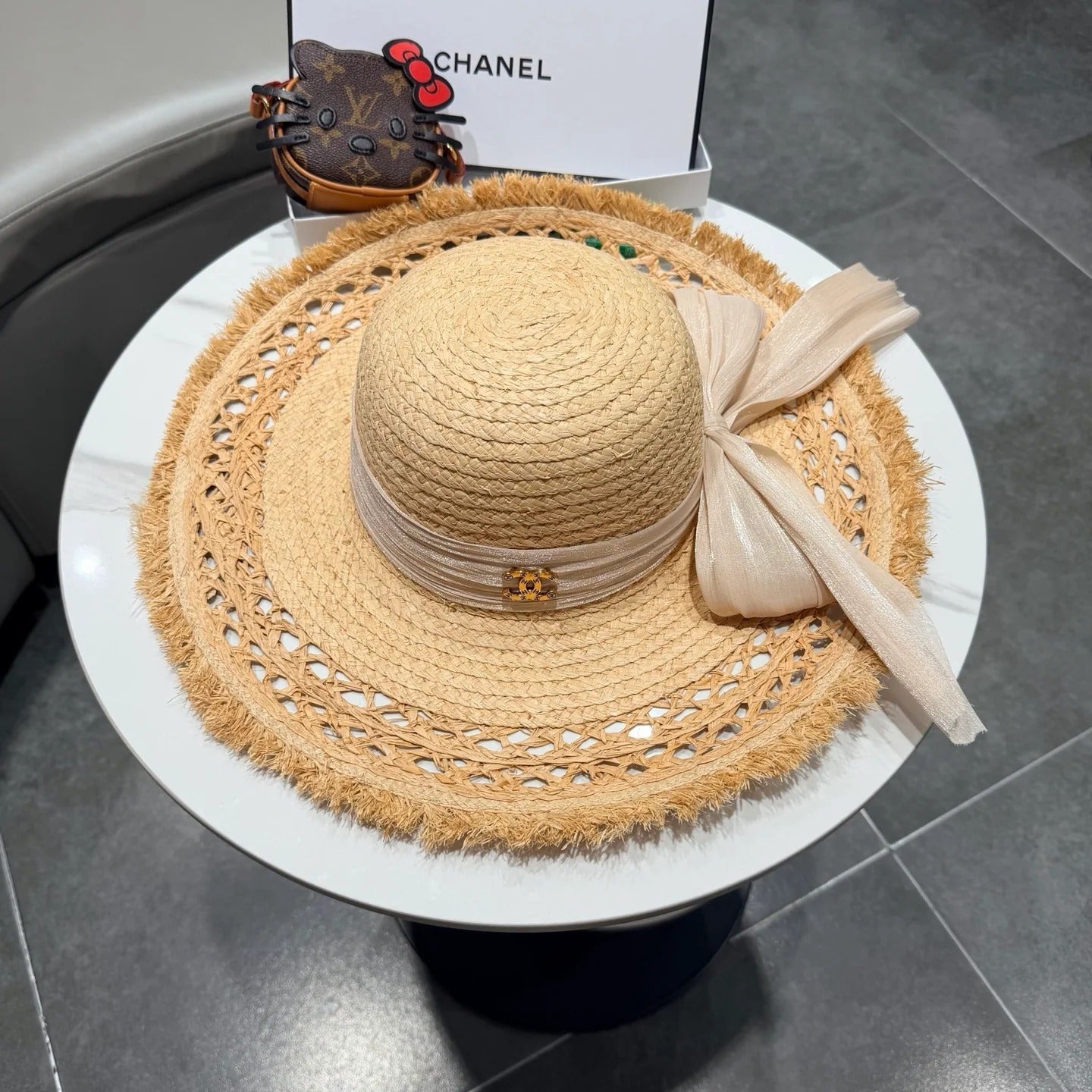 Chanel Raffia Sun Hat With Silk Ribbon 219110