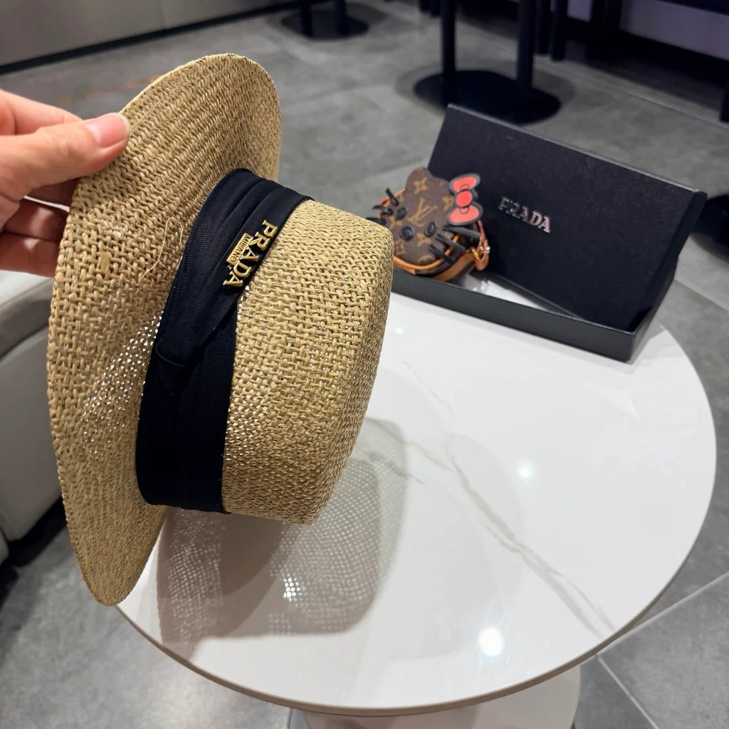 Prada Straw Woven Flat-top Hat 219138