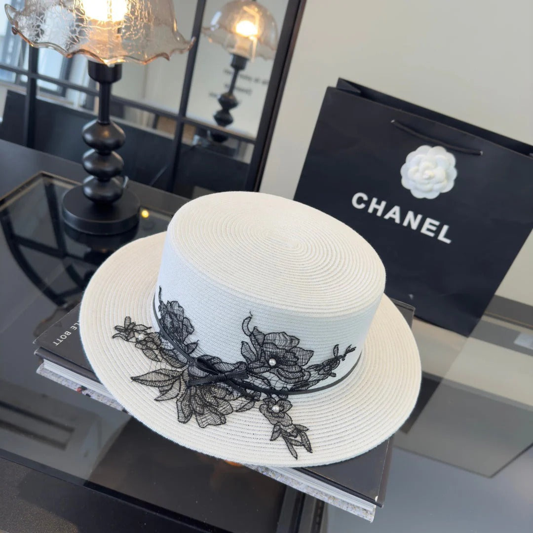CC Flat-top White Black Straw Hat 269024