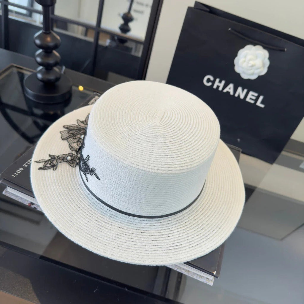 CC Flat-top White Black Straw Hat 269024