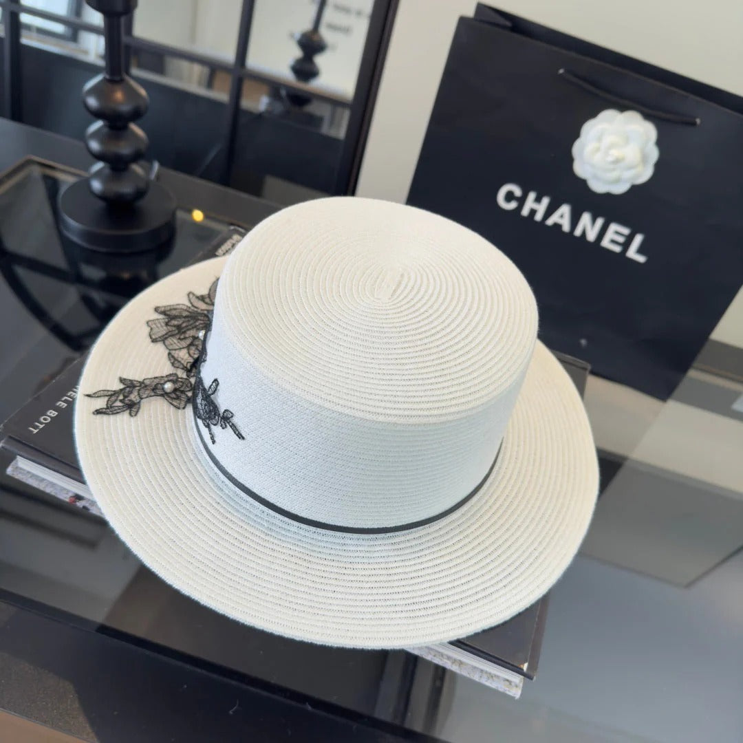 CC Flat-top White Black Straw Hat 269024